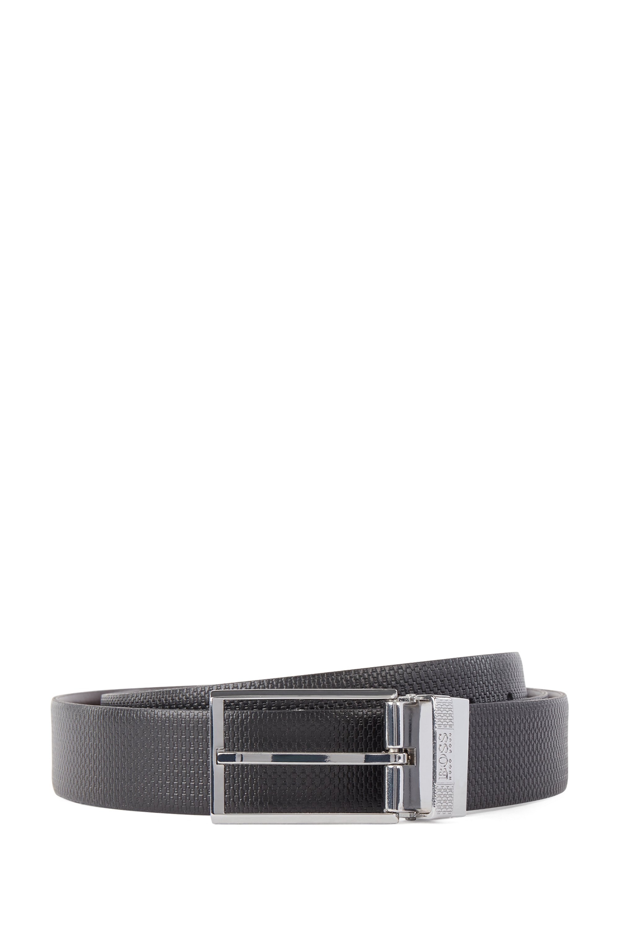 Reversible leather belt with pin and plaque buckles, Dark Brown