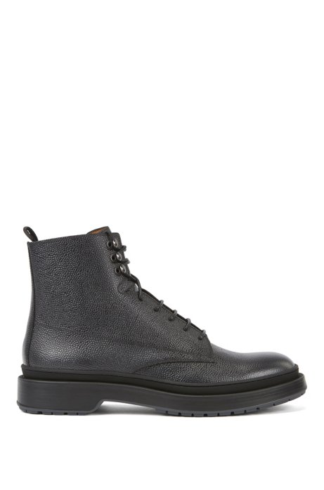 Lace-up boots in Scotch-grain leather with contrast lug sole, Black