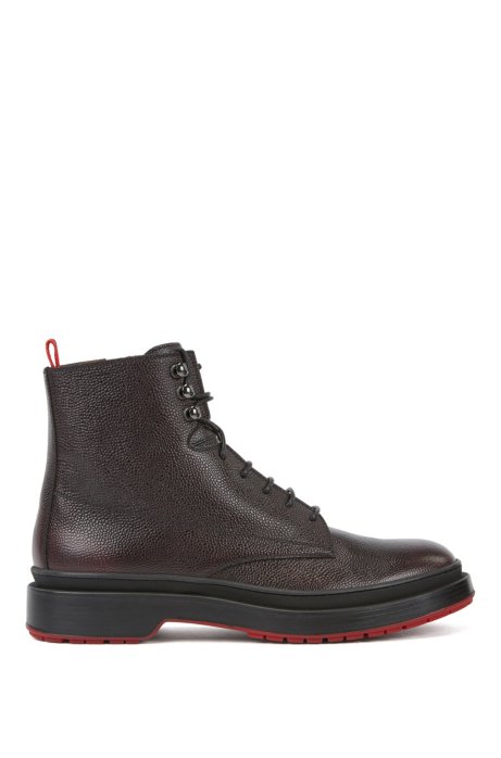 Lace-up boots in Scotch-grain leather with contrast lug sole, Dark Brown