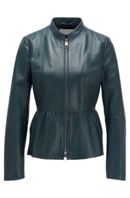 Slim-fit leather jacket with shirred waist