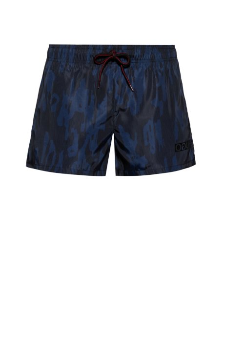 Quick-dry short-length swim shorts with camouflage print, Dark Blue
