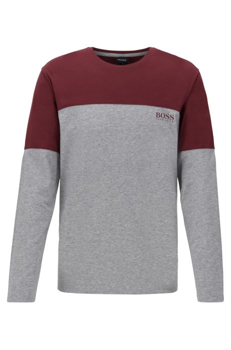 Long-sleeved colour-block pyjama T-shirt in cotton-blend jersey, Dark Red