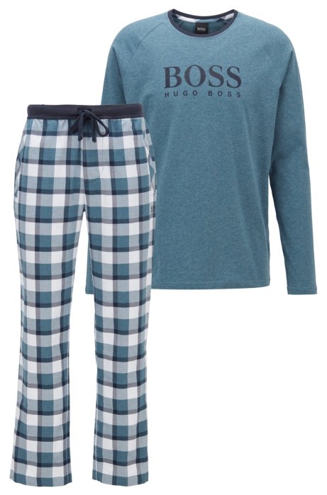 Gift-boxed pyjama set with contrast logo print, Blue