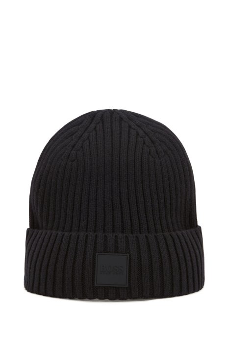 Beanie hat in wool and cotton with logo badge, Black