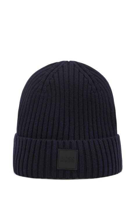Beanie hat in wool and cotton with logo badge, Dark Blue