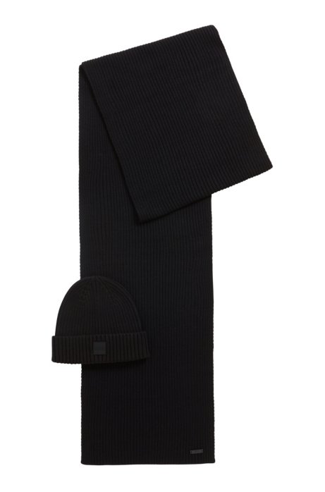 Scarf and hat set in a wool-cotton blend, Black
