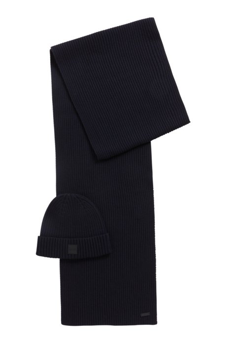 Scarf and hat set in a wool-cotton blend, Dark Blue