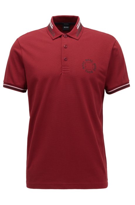 Cotton-piqu&eacute; polo shirt with circular logo, Dark Red