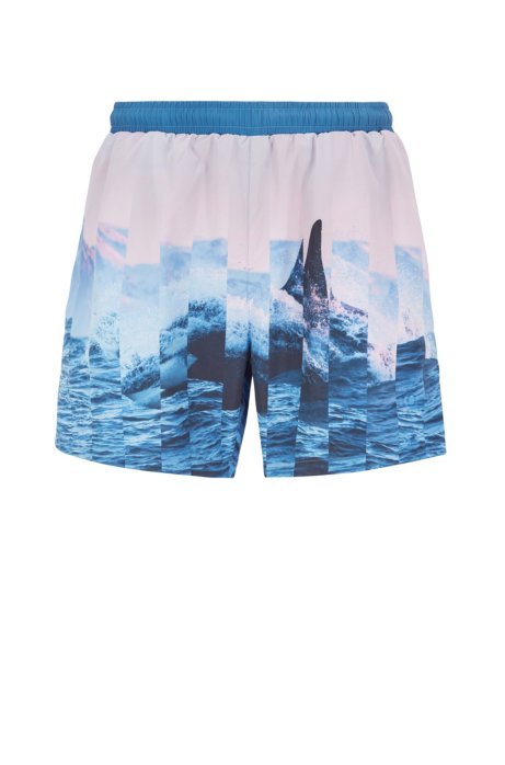 Quick-dry swim shorts with abstract photographic print, Blue