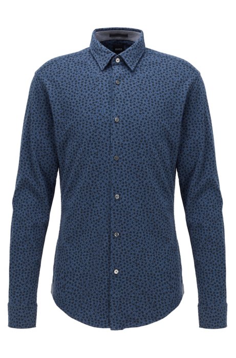 Slim-fit shirt in cotton jersey with leaf print, Dark Blue