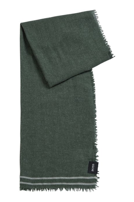 Melange scarf with light fringing and striped ends, Green