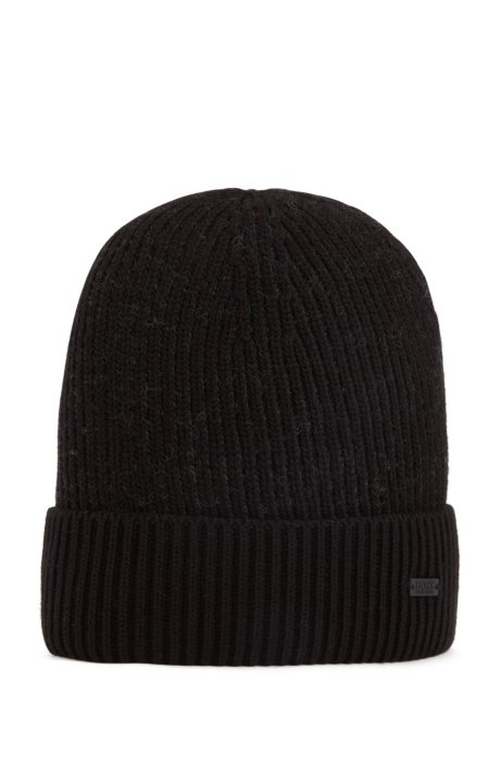 Cotton-blend beanie hat with two-tone ribbing, Black