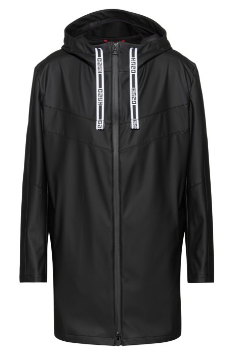 Water-repellent hooded raincoat with logo drawcords, Black