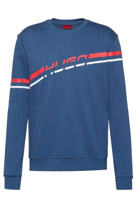Logo sweatshirt in interlock cotton with printed stripe, Blue