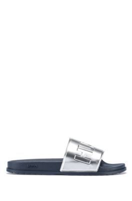 Hugo Italian Made Metallic Slides With Contrast Logo