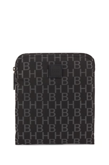 Structured-nylon envelope bag with monogram print, Black