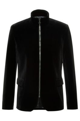 Regular-fit jacket in cotton velvet with front zip, Black