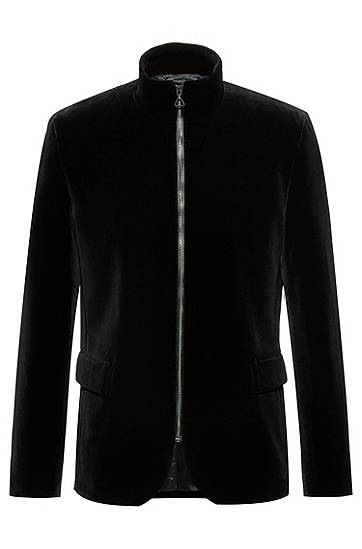 Hugo Regular-fit Jacket In Cotton Velvet With Front Zip In Black