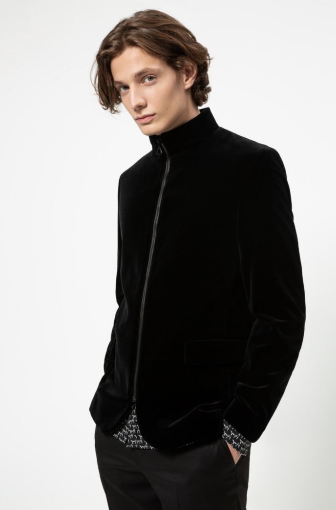 Regular-fit jacket in cotton velvet with front zip