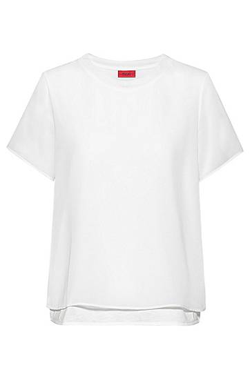 Hugo Short-sleeved Jersey Top With Chiffon Overlay In White