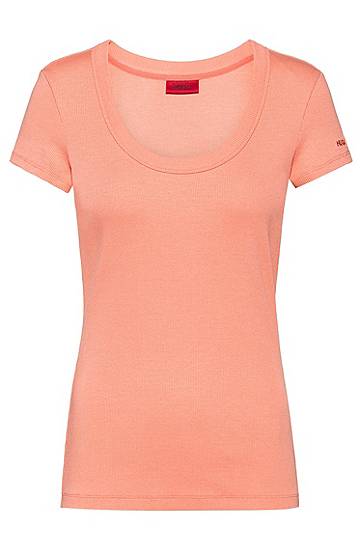 Hugo Slim-fit Ribbed T-shirt With Sleeve Logo In Orange
