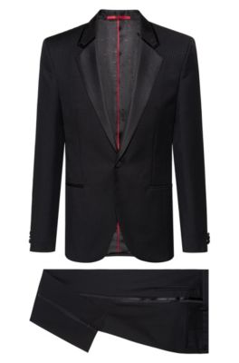 Extra-slim-fit tuxedo in patterned virgin-wool serge, Black