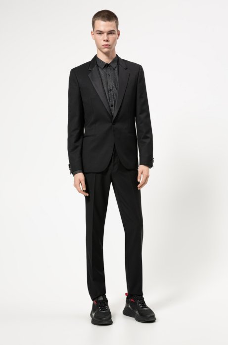Extra-slim-fit tuxedo in patterned virgin-wool serge, Black