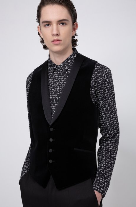 Extra-slim-fit velvet waistcoat with tonal trims, Black