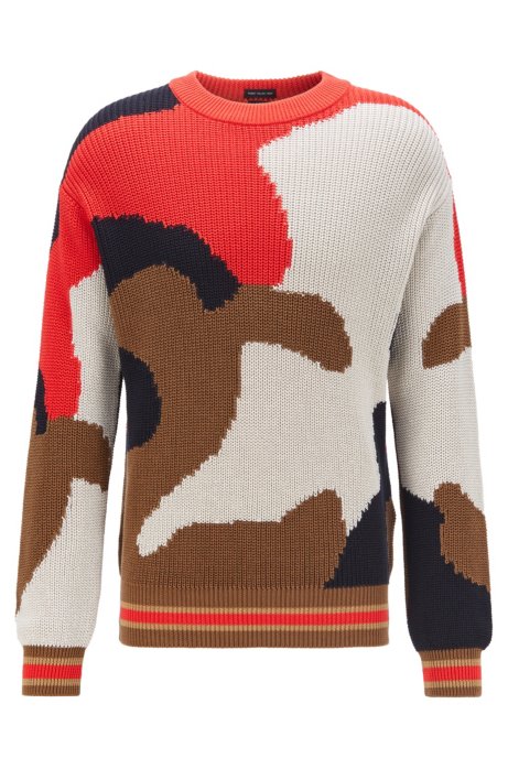 Crew-neck sweater in Italian cotton with camouflage intarsia, Dark Brown
