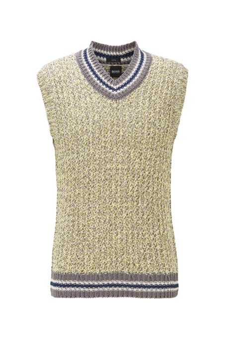 Sleeveless sweater in mercerised cotton with striped trims, Gold