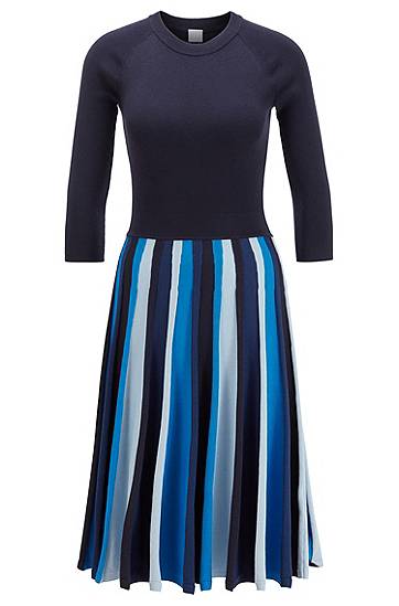 Hugo Boss Long-sleeved Knitted Dress In Mixed-structure Block Stripes In Blue