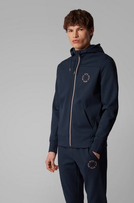 Zip-through hoodie with layered metallic logo, Dark Blue