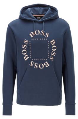 Hugo Boss Hooded Sweatshirt With Layered Metallic Logo In Blue | ModeSens