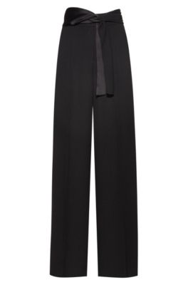Wide-leg trousers in crepe with scarf-style belt, Black