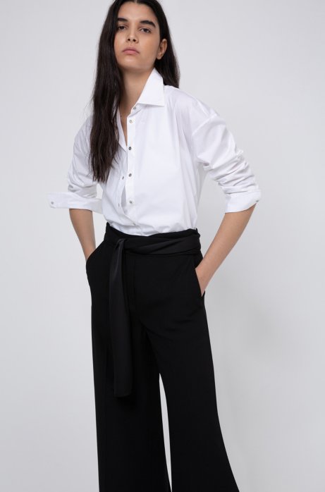 Wide-leg trousers in crepe with scarf-style belt, Black
