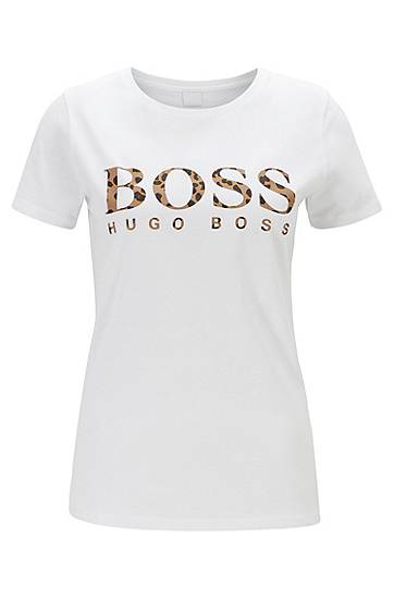 Hugo Boss Regular-fit T-shirt With Leopard-print Logo In White