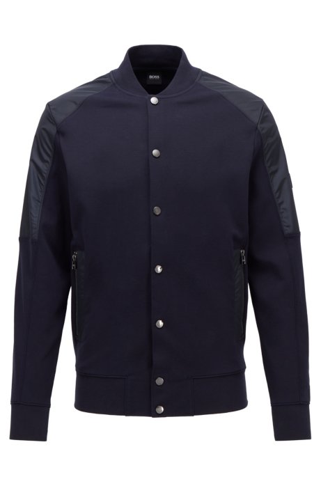 Cotton-blend bomber jacket with college collar, Dark Blue