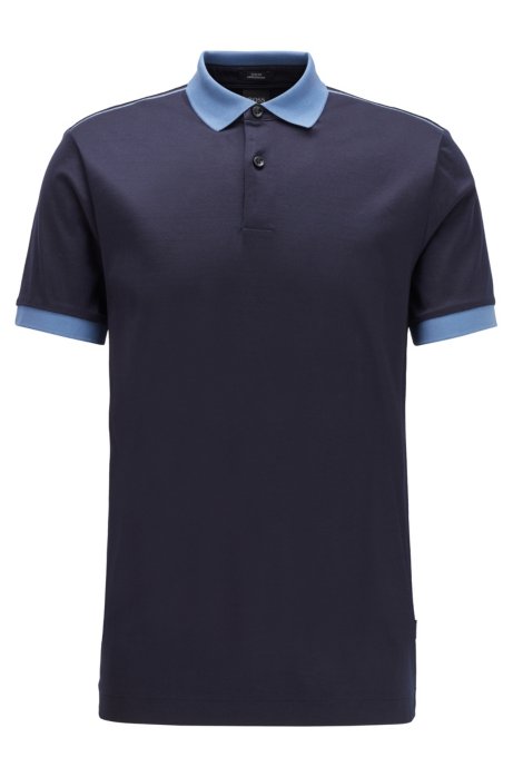 Slim-fit polo shirt with high-shine shoulder stripes, Dark Blue