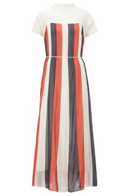 Chiffon maxi dress with flared skirt and tie belt, Natural