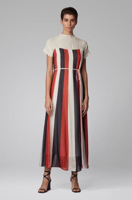 Chiffon maxi dress with flared skirt and tie belt, Natural