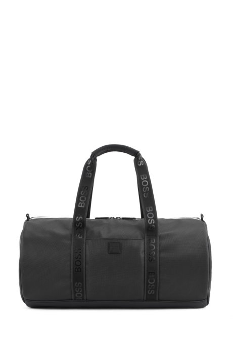 Holdall in pebble-print fabric with logo straps, Black