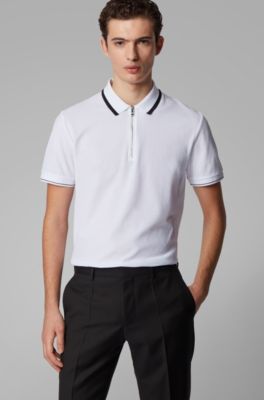 Zip-neck polo shirt in honeycomb cotton