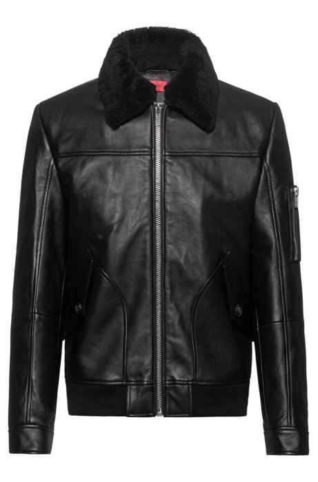 Padded-leather bomber jacket with shearling collar, Black