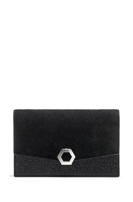 Split-leather clutch bag with glitter-fabric contrasts, Black