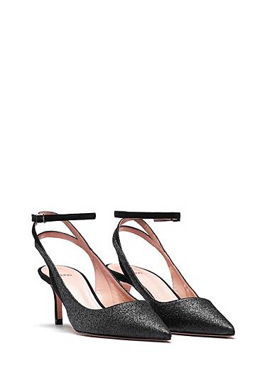 Hugo Italian-made Slingback Pumps In Suede And Glitter Fabric In Black