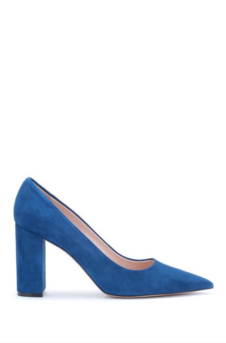 Italian-suede pumps with square heel and pointed toe, Blue