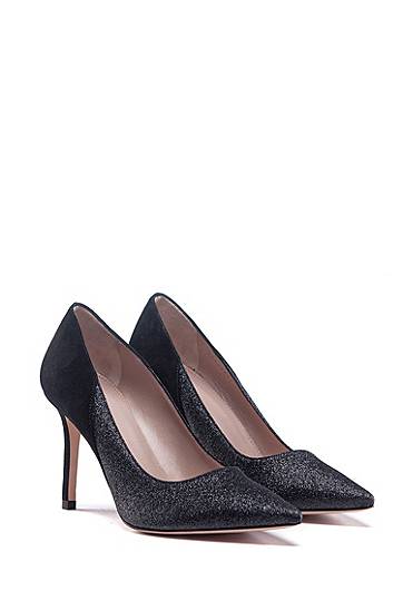 Hugo Italian-made Heeled Pumps In Suede And Glitter Fabric In Black