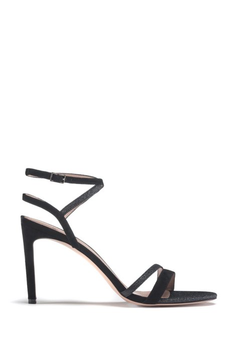 Italian-made strappy sandals in suede and glitter fabric, Black
