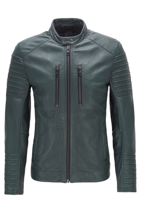 Slim-fit biker jacket in waxed leather, Dark Green