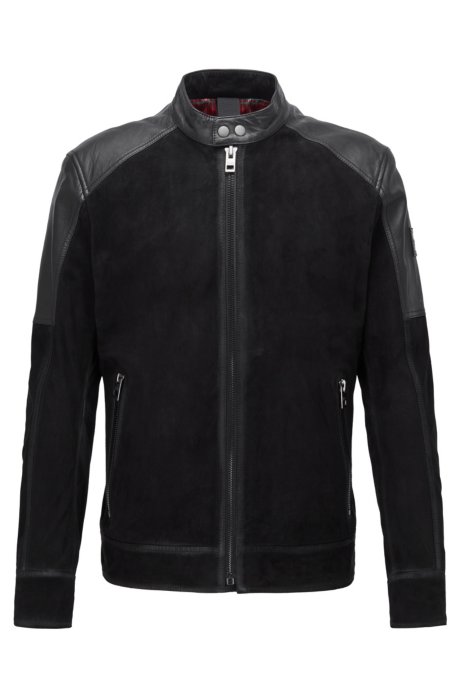 Slim-fit biker jacket in leather and suede, Black